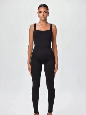 Auruza Workout Jumpsuit Seamless Ribbed Yoga Unitard Black XS